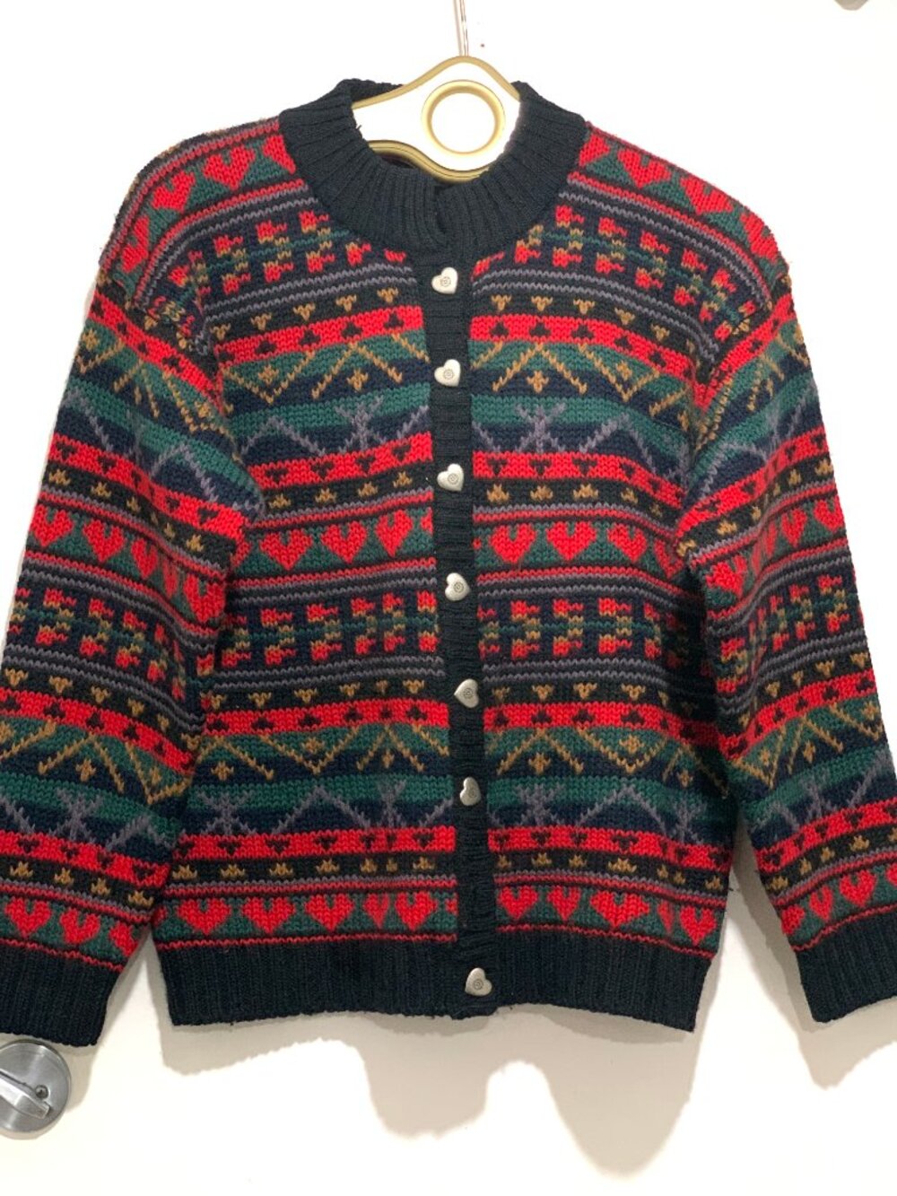 VINTAGE ASTON HAND FRAME KNIT MULTICOLOR WOOL PATTERN SWEATER CARDIGANS SIZE S